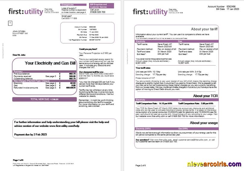 United Kingdom First gas and electricity utility bills, 6 pages